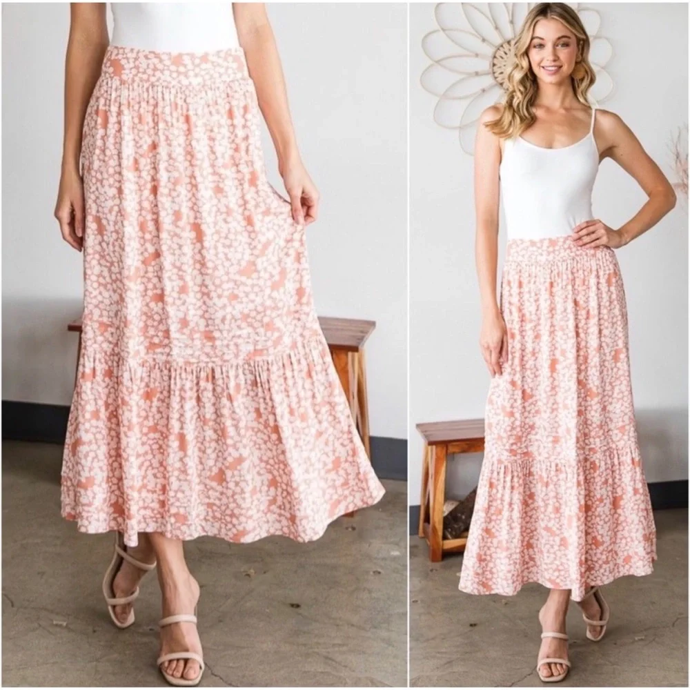 1 LEFT! Peach White First Floral Lined Stretchy Waist Spring Summer Maxi Skirt - Picture 2 of 4